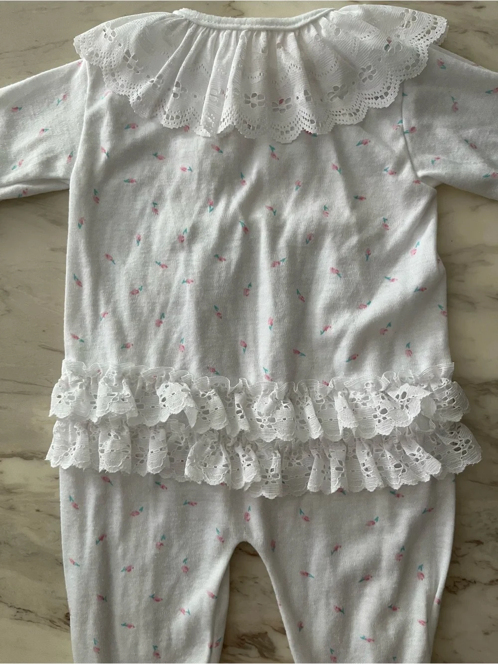 H&M White Footed One-Piece with Pink Dot Accents and Lace Collar